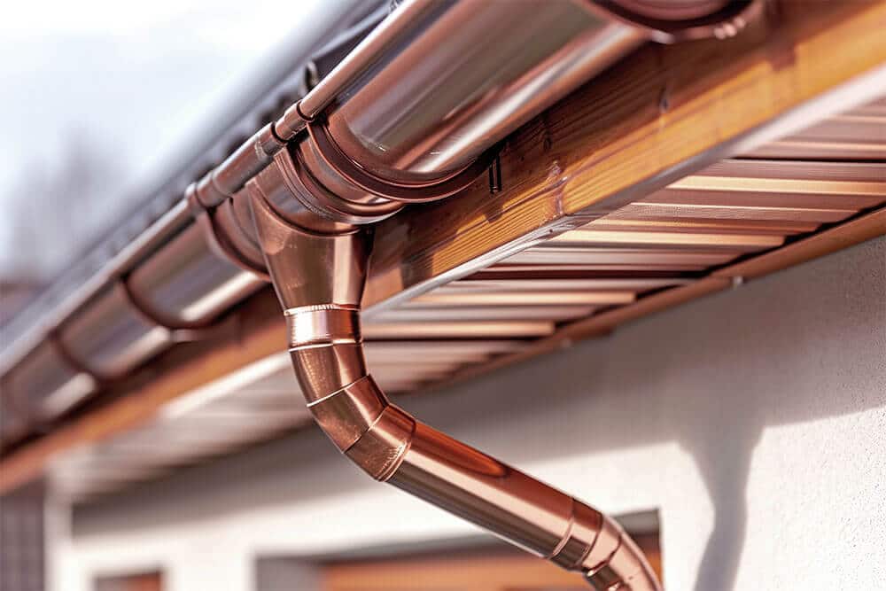 copper gutter with copper downspout and copper hangers