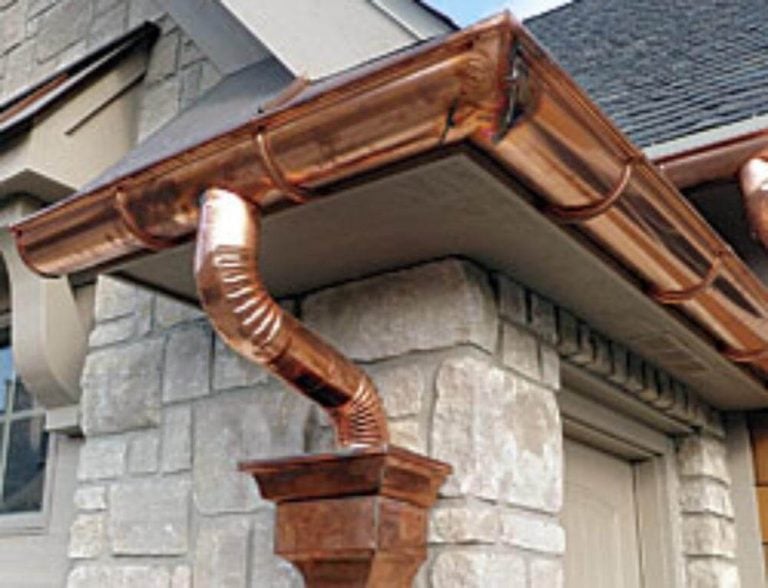 copper gutter system with copper miter copper downspout and copper leader head